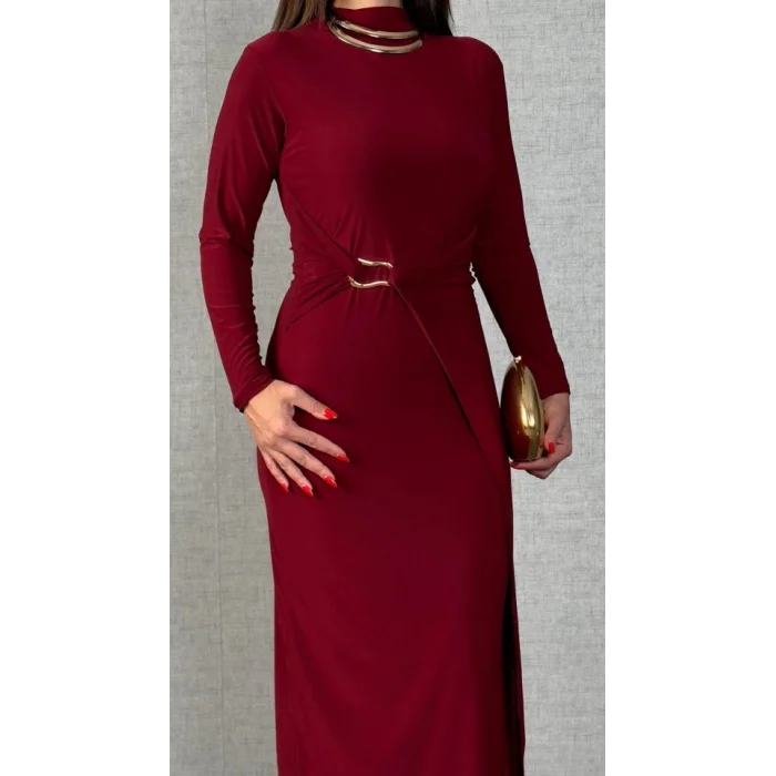 Kadın Balıkçı Yaka Toka Detay Sandy Kumaş Midi Boy Elbise