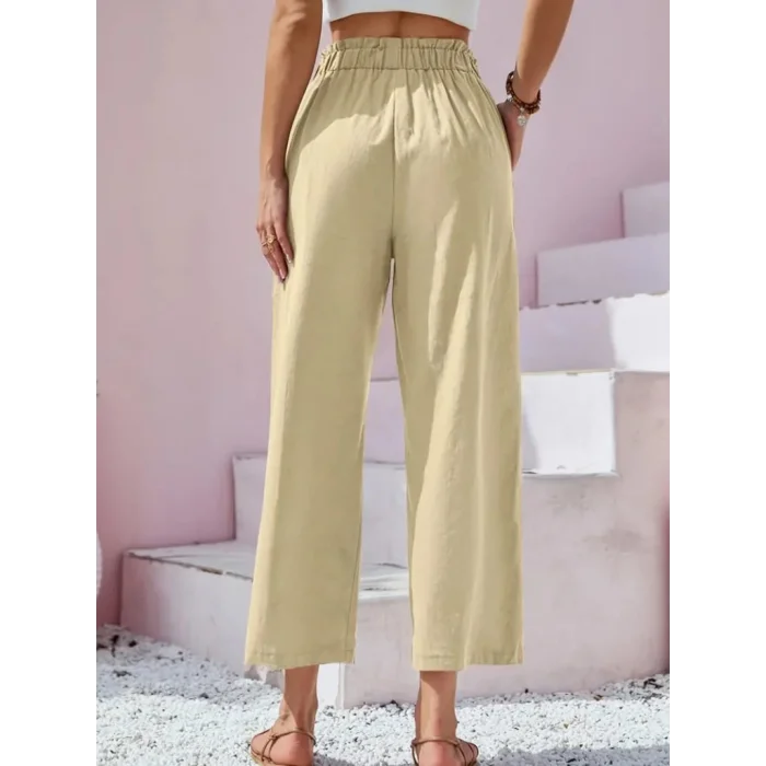 Kadın Bel Büzgü Ve Düğme Detay Kapri Keten Pantolon