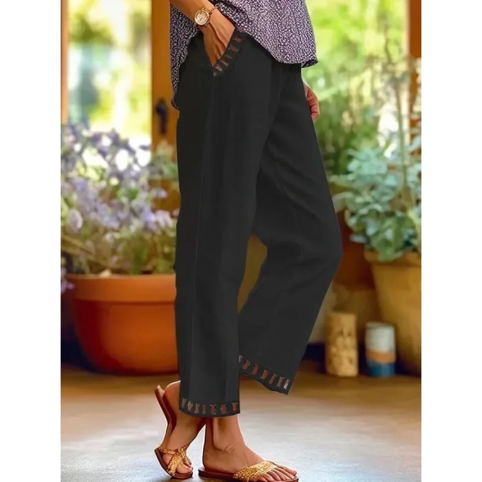 Kadın Beli Lastikli Bağcıklı Cep Ve Pantolon Ucu Güpür Detaylı Pantolon