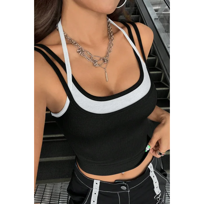 Kadın Beyaz Siyah Çift Renk Çapraz Askılı Crop Top Bluz – Şık, Rahat ve Kolay Kombinlenebilir