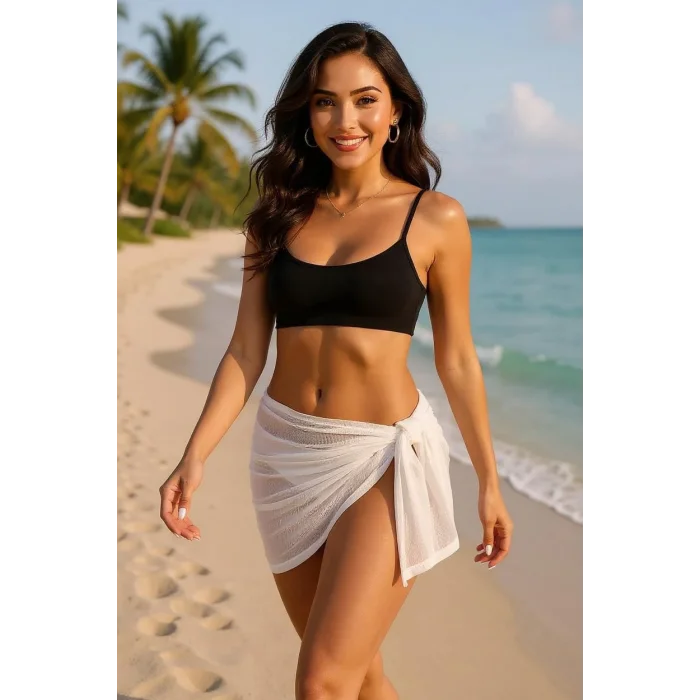 Kadın Beyaz Transparan Belden Bağlamalı Pareo – Modern ve Şık Tasarım