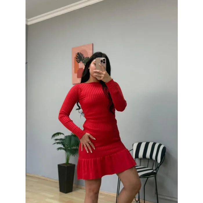 Kadın Bisiklet Yaka Uzun Kol Etek Ucu Fırfırlı Triko (polyenit) Mini Boy Elbise