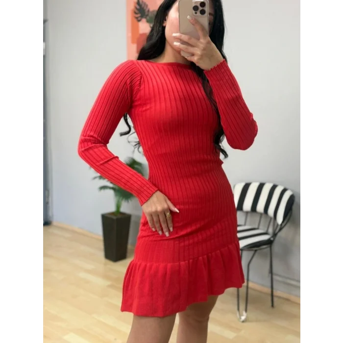 Kadın Bisiklet Yaka Uzun Kol Etek Ucu Fırfırlı Triko (polyenit) Mini Boy Elbise