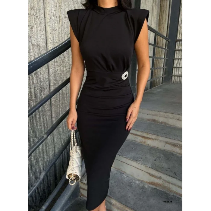 Kadın Bisiklet Yaka Vatkalı Broş Detay Kısa Kol Midi Boy Elbise