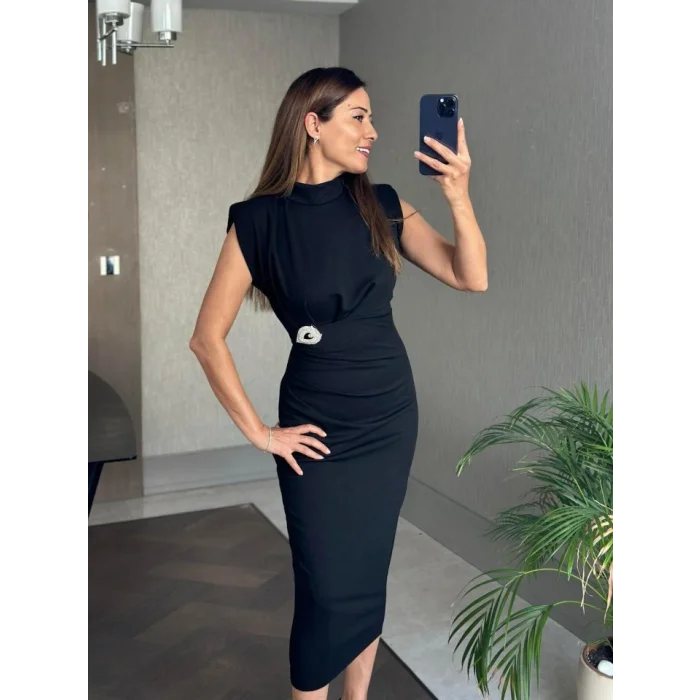 Kadın Bisiklet Yaka Vatkalı Broş Detay Kısa Kol Midi Boy Elbise