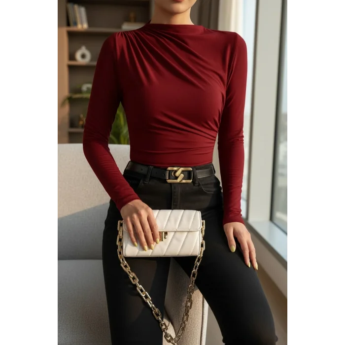 Kadın Bordo Belden ve Boyundan Büzgü Detaylı Uzun Kollu Bluz