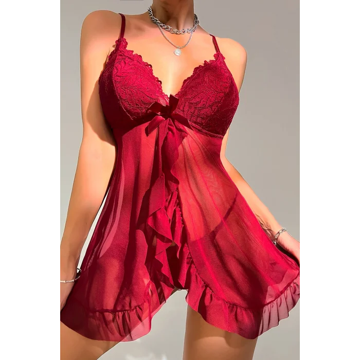 Kadın Bordo Dantelli, Fırfırlı Tül ve Fiyonk Detaylı Tangalı Gecelik Takımı