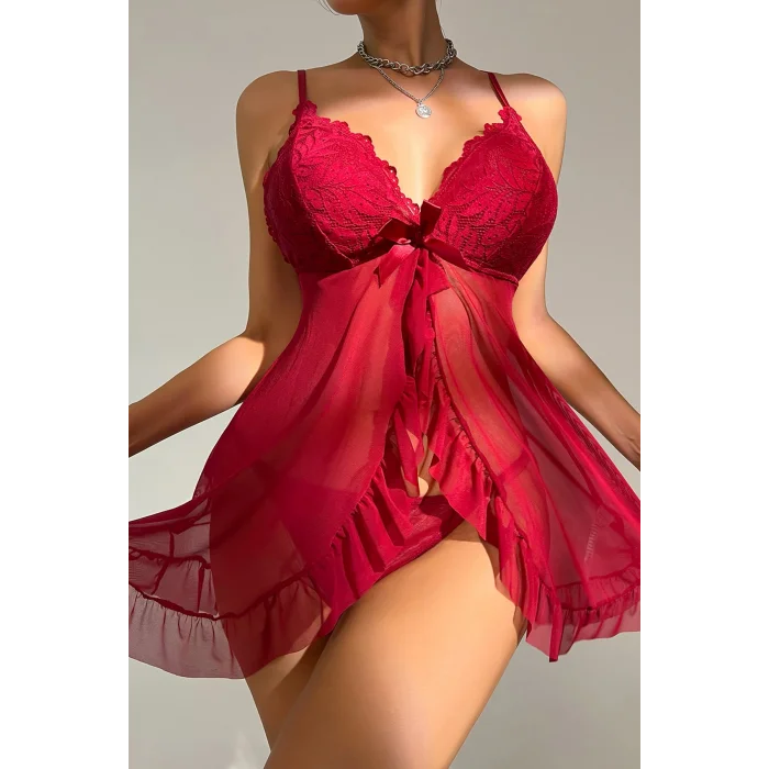 Kadın Bordo Dantelli, Fırfırlı Tül ve Fiyonk Detaylı Tangalı Gecelik Takımı