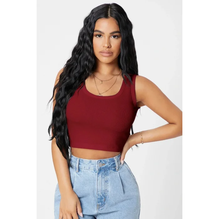 Kadın Bordo Kare Yaka Crop Top Bluz – Şık, Rahat ve Kolay Kombinlenebilir