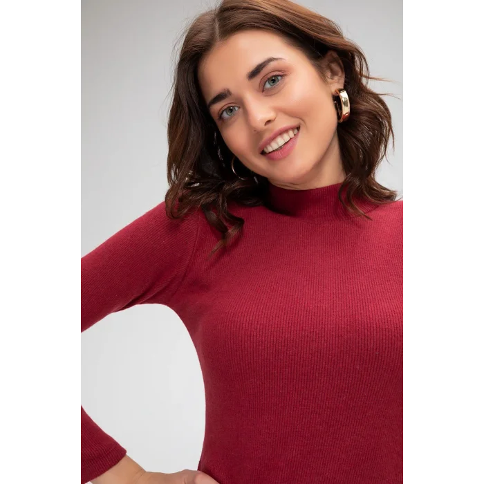 Kadın Bordo Kaşkorse Balıkçı Yaka Uzun Kollu Bodycon Mini Elbise – Şık, Rahat ve 4 Mevsim