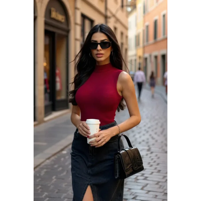 Kadın Bordo Kolsuz Balıkçı Yaka Basic Bluz