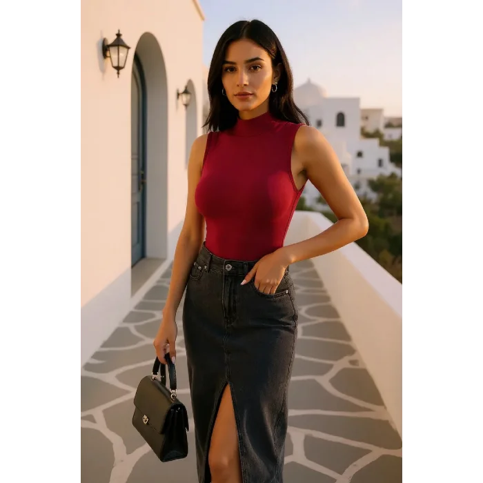 Kadın Bordo Kolsuz Balıkçı Yaka Basic Bluz