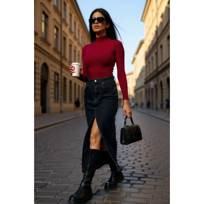 Kadın Bordo Kolsuz Balıkçı Yaka Basic Bluz