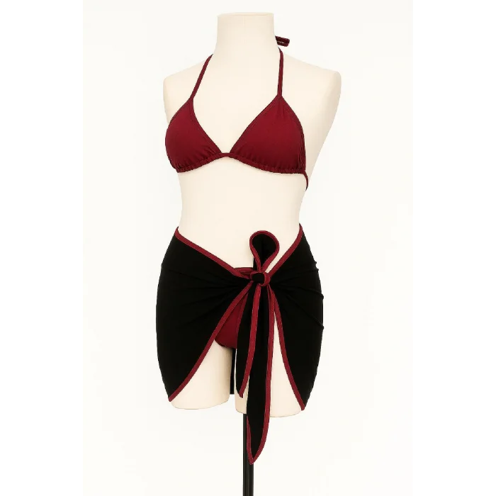Kadın Bordo Siyah Pareolu Yandan ve Boyundan Bağlamalı 3lü Bikini Takımı – Modern, Konforlu ve Günlük Kombinlere Uygun