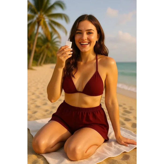 Kadın Bordo Şortlu Belden ve Boyundan Bağlamalı Bikini Takımı – Modern, Konforlu ve Günlük Kombinlere Uygun