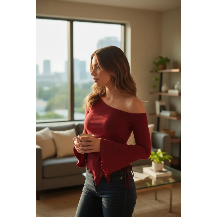 Kadın Bordo Uzun İspanyol Kollu Asimetirik Yaka Yandan Bağlamalı Drapeli Bluz