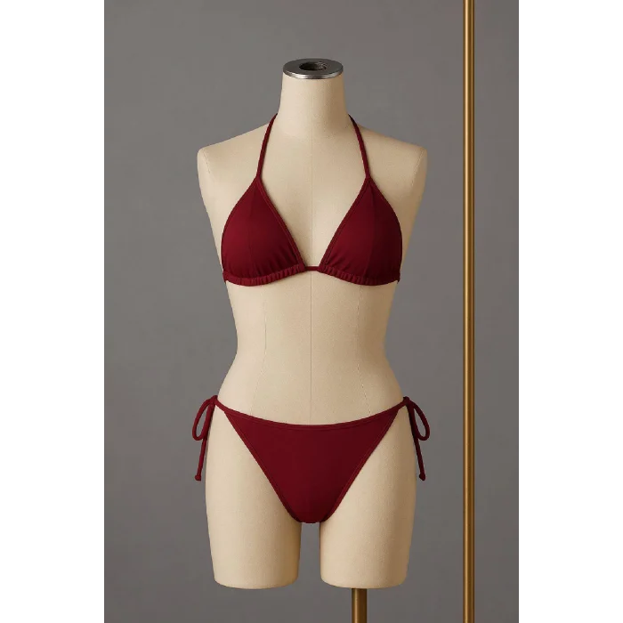 Kadın Bordo Yandan ve Boyundan Bağlamalı Bikini Mayo Takımı