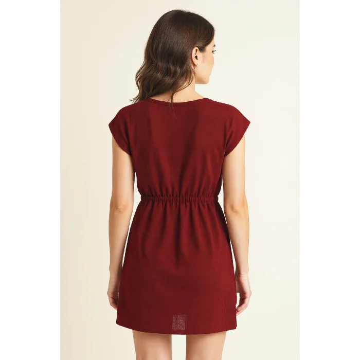 Kadın Bordo Yanları Yırtmaçlı Tokalı V Yaka Mini Plaj Elbisesi