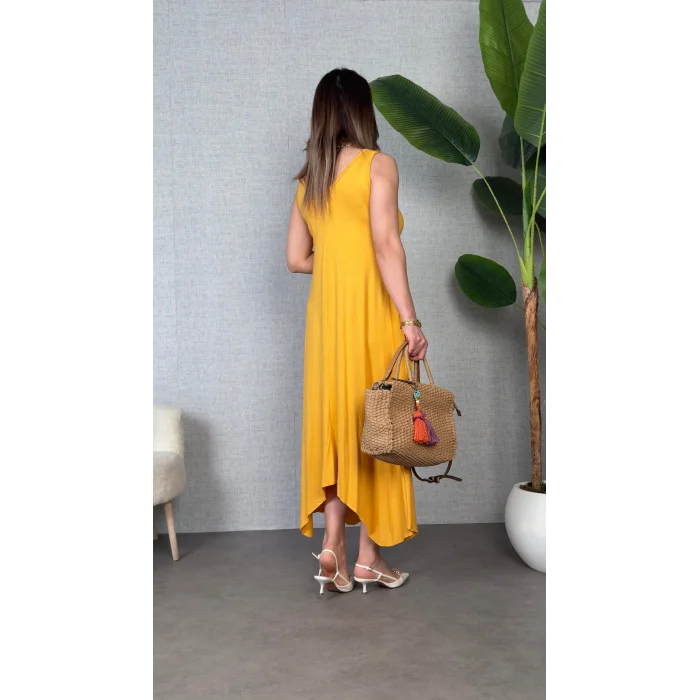 Kadın çan Dokuma Kumaş V Yaka Asimetrik Kesim Elbise