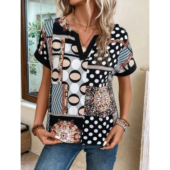 Kadın çentik V Yaka Kısa Kollu Desenli Moss Krep Kumaş Bluz