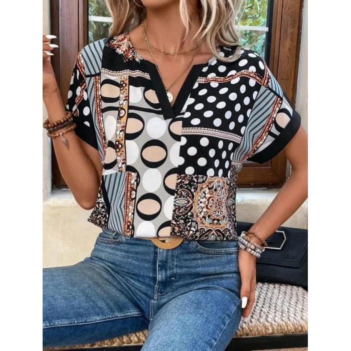Kadın çentik V Yaka Kısa Kollu Desenli Moss Krep Kumaş Bluz