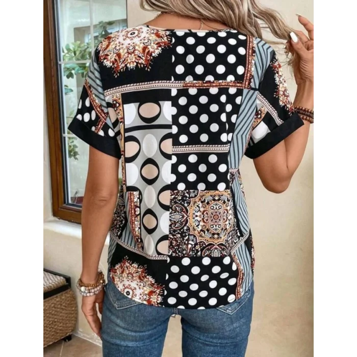 Kadın çentik V Yaka Kısa Kollu Desenli Moss Krep Kumaş Bluz