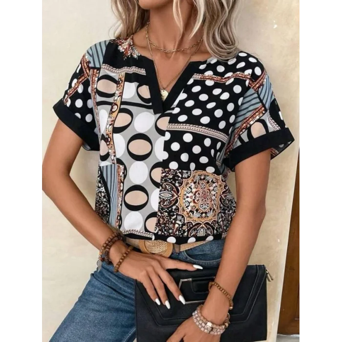 Kadın çentik V Yaka Kısa Kollu Desenli Moss Krep Kumaş Bluz