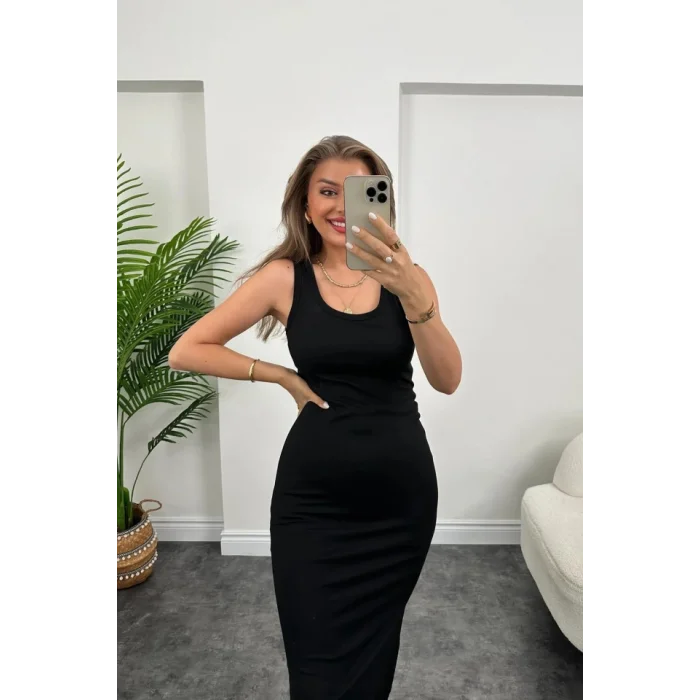 Kadın çift Yırtmaç Detaylı Sıfır Kol Midi Boy Elbise