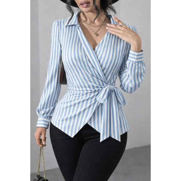 Kadın çizgili Kruvaze Bağlamalı Gömlek