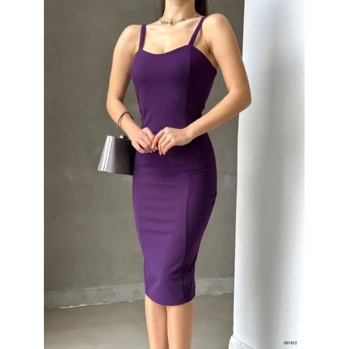 Kadın Dalgıç Krep Kumaş Askılı Midi Boy Elbise