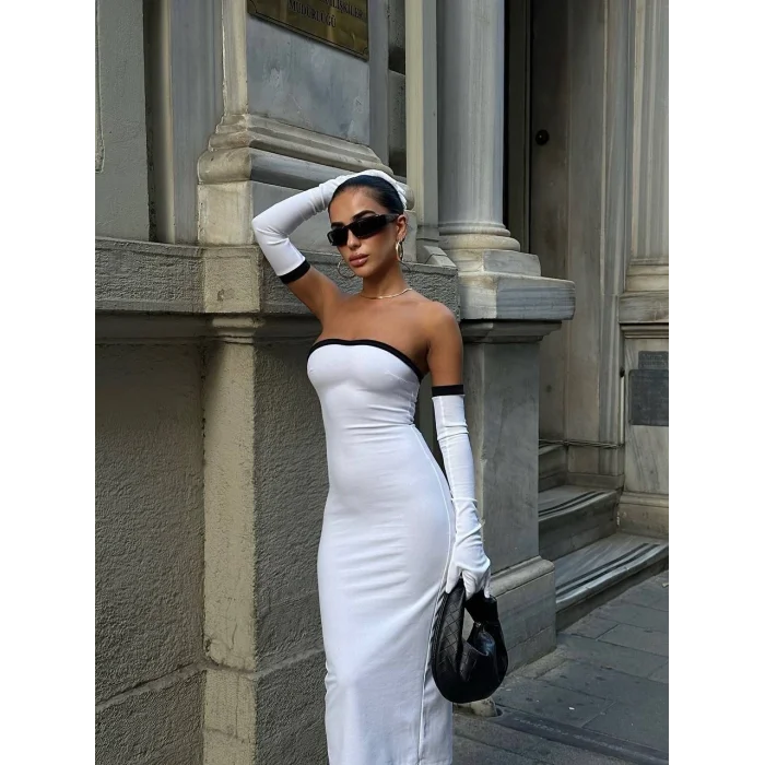 Kadın Dalgıç Kumaş Askısız Yırtmaç Detaylı Elbise