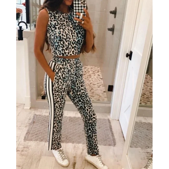 Kadın Dalgıç Kumaş Dijital Leopar Baskılı şerit Detaylı Takım