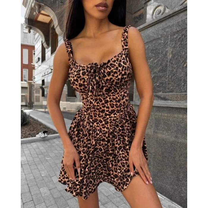 Kadın Dalgıç Kumaş önden Bağlamalı Leopar Desenli Elbise