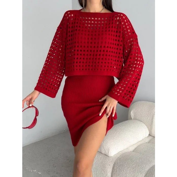 Kadın Delikli Kazak Askılı Elbise Triko Kumaş Ikili Takım