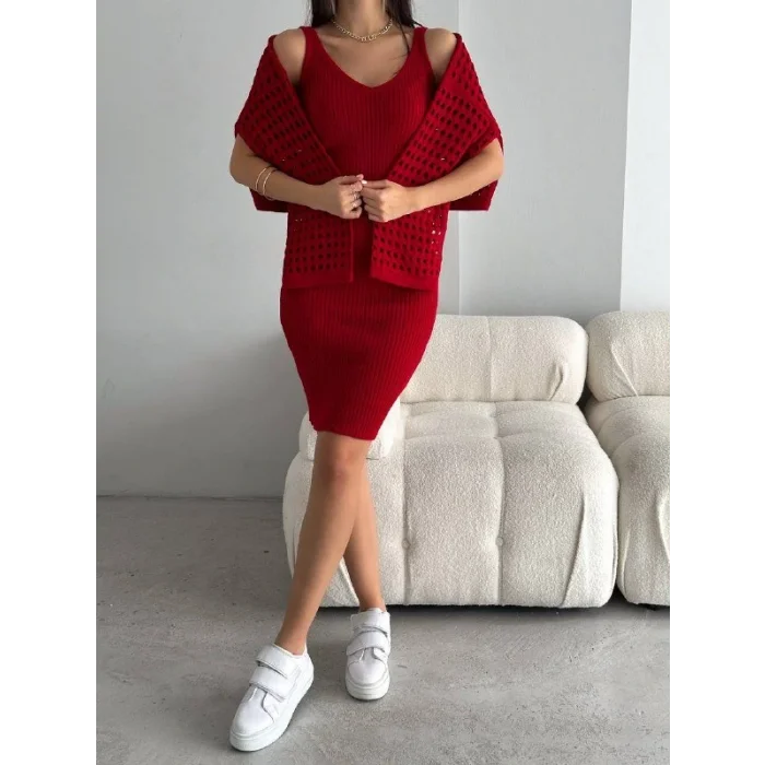 Kadın Delikli Kazak Askılı Elbise Triko Kumaş Ikili Takım