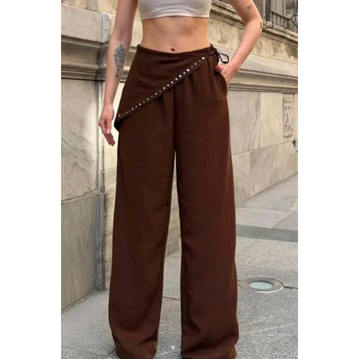 Kadın Droplu Fermuarlı Aerobin Kumaş Maxi Boy Oversize Pantolon