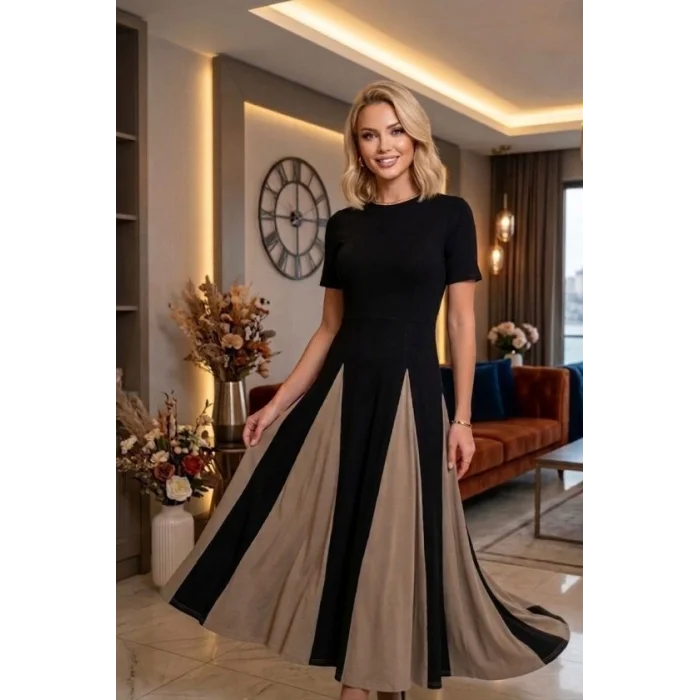 Kadın Eteği Parçalı Kısa Kol Maxi Elbise