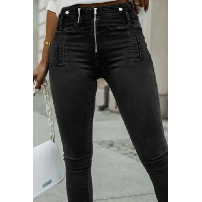 Kadın Fermuar Detay Yüksek Kemerli Kot Pantolon