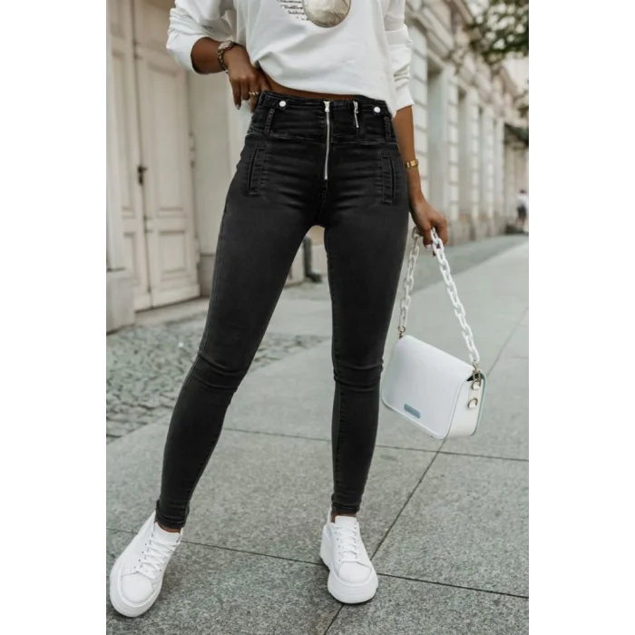 Kadın Fermuar Detay Yüksek Kemerli Kot Pantolon