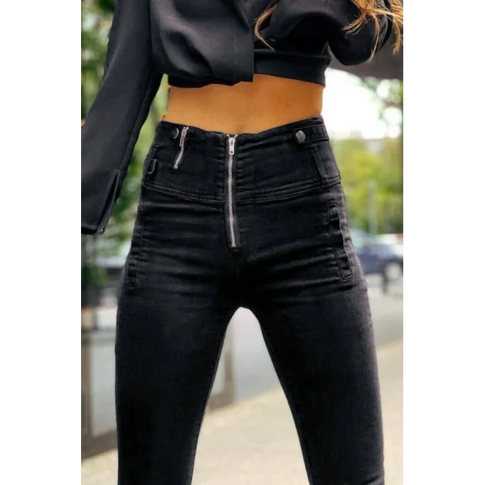 Kadın Fermuar Detay Yüksek Kemerli Kot Pantolon