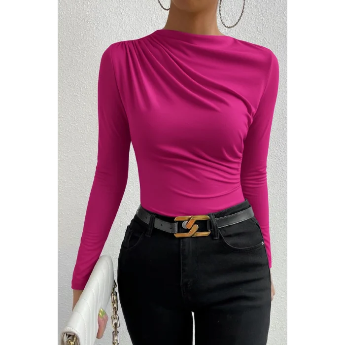 Kadın Fuşya Belden ve Boyundan Büzgü Detaylı Uzun Kollu Bluz