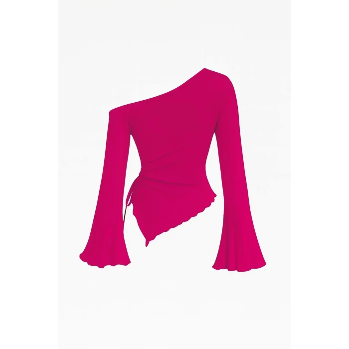 Kadın Fuşya Uzun İspanyol Kollu Asimetirik Yaka Yandan Bağlamalı Drapeli Bluz