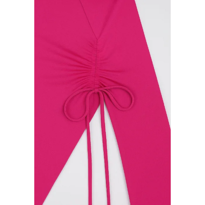 Kadın Fuşya Uzun İspanyol Kollu Asimetirik Yaka Yandan Bağlamalı Drapeli Bluz