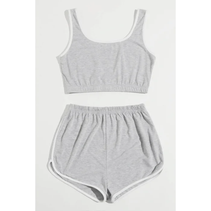 Kadın Gri Askılı Crop Top ve Şortlu Gecelik Takım
