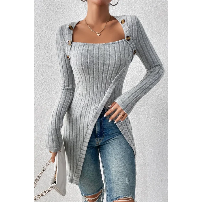 Kadın Gri Düğme Detaylı Kare Yaka Fitilli Asimetrik Etekli Uzun Kollu Bluz