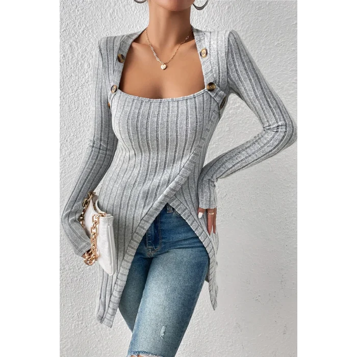 Kadın Gri Düğme Detaylı Kare Yaka Fitilli Asimetrik Etekli Uzun Kollu Bluz