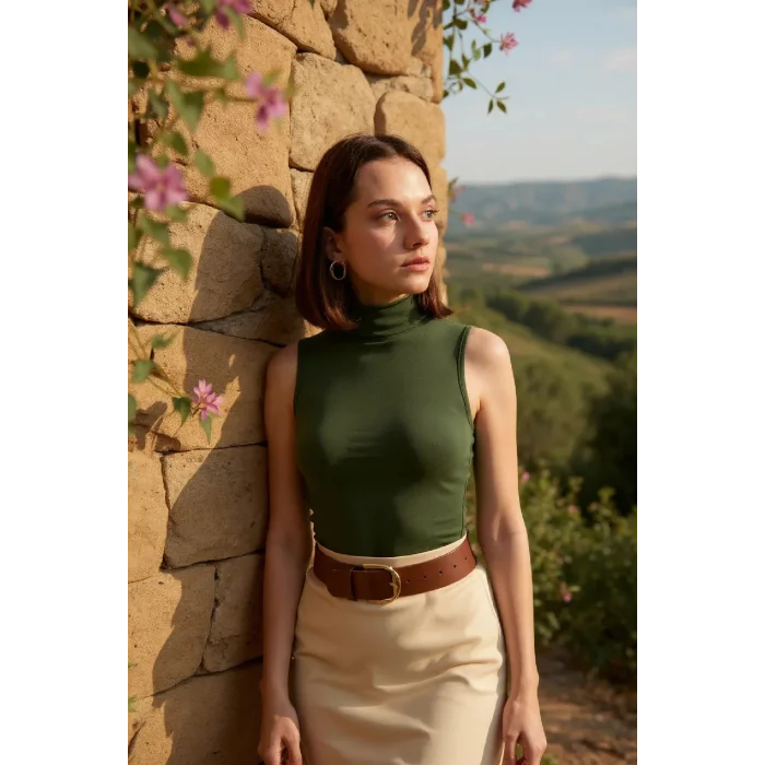 Kadın Haki Yeşili Kolsuz Balıkçı Yaka Basic Bluz