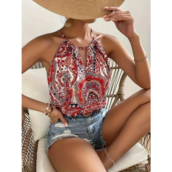 Kadın Halter Kollu Damla Detaylı Desenli Süprem Bluz