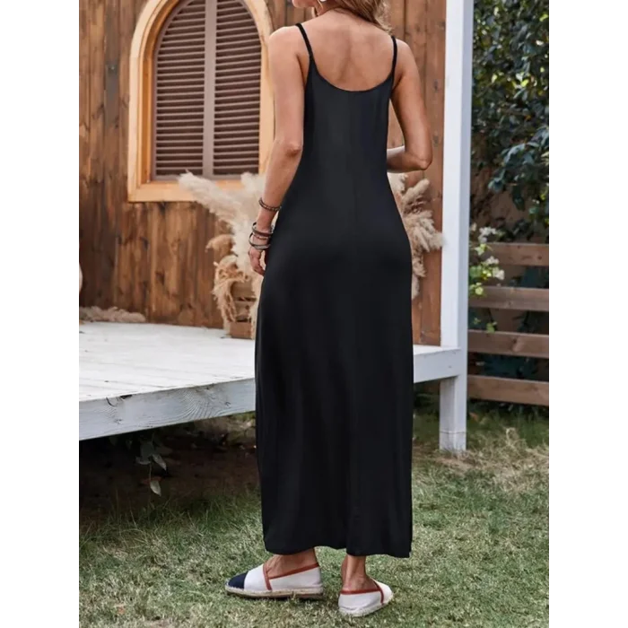 Kadın Ip Askılı Derin Geniş V Yakalı Uzun Viskon Elbise