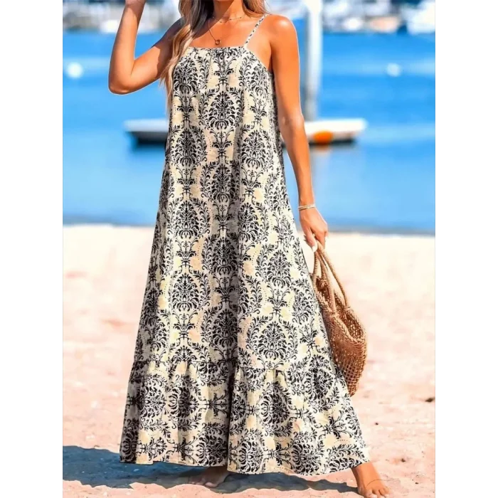 Kadın Ip Askılı Desenli Fırfırlı Süprem Elbise